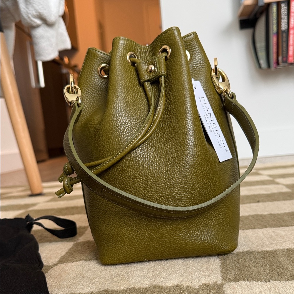 Olive Green Leather Bucket Bag by